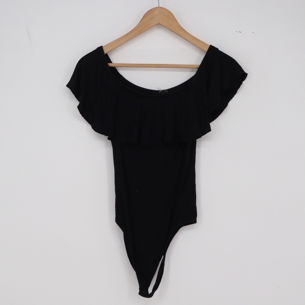 Express Bodysuit Womens S Ruffle Off-The-Shoulder Black Stretch Solid Excellent
